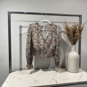 Anthropologie Brown Multi Floral Smocked V-Neck Blouse